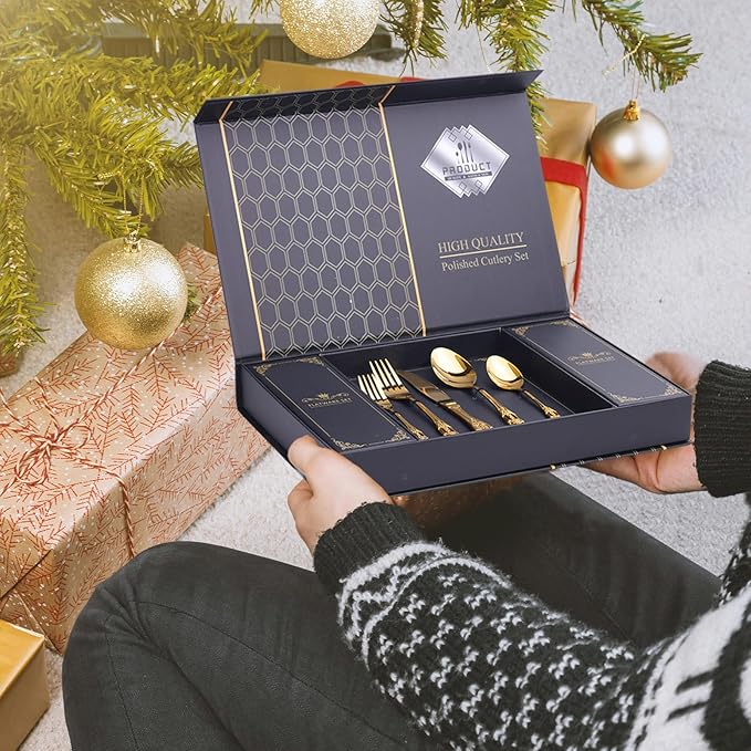 60 Piece Gorgeous Retro Royal Gold Silverware Set for 12, Premium Stainless Steel Flatware Set with gift box, Mirror Polished Cutlery Set Including Spoons and Forks, Vintage Utensils, Dishwasher Safe