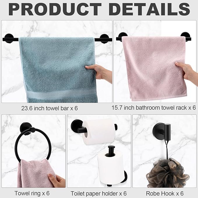 Gisafai 30 Pcs Bathroom Hardware Set, 23.6 Inch Brushed Towel Bar Ring Toilet Paper Holder Robe Towel Hook, SUS304 Stainless Steel Bathroom Accessory Set Wall Mounted (Black)