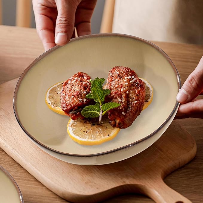 Herogo 12pcs Stoneware Dinnerware Sets for 4, Irregular Handmade Dinner Plates and Bowls, Kitchen Dining Dish Dishware Set, Microwave & Dishwasher Safe, Cream Khaki