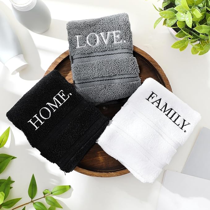 3 Pcs Farmhouse Decorative Hand Towels for Bathroom and Kitchen Rustic Embroidered 100% Cotton Hand Towels Decorative Set for Boho Bathroom Decor(Home Love Family)