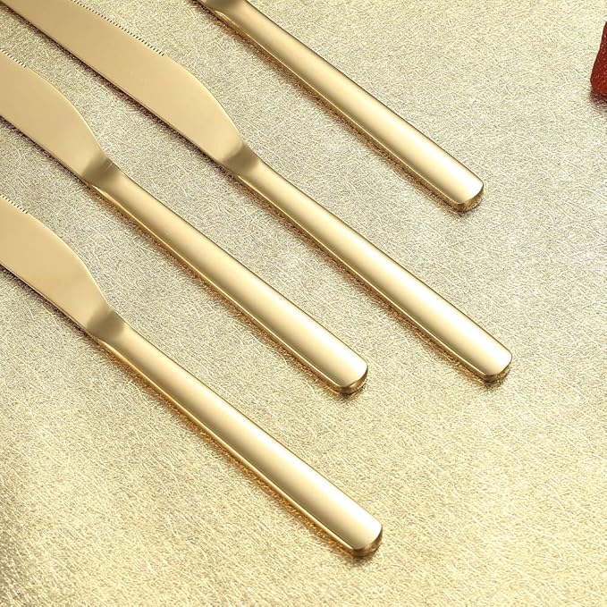 Gold Steak Knives Set 12 Piece, Premium Stainless Steel 6 Dinner Forks and 6 Dinner Knives Set, Steak Knives Steak Forks for 6 Person, Dishwasher Safe (Shiny Gold)