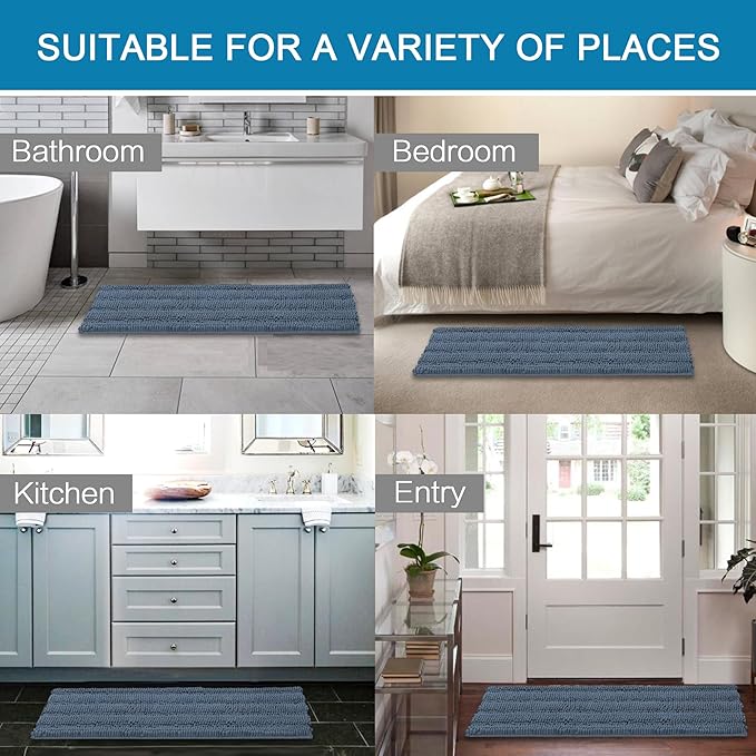 H.VERSAILTEX Bath Rugs for Bathroom Non Slip Bath Mats Thick Chenille Striped Bath Rug Runners 59" x 20" Absorbent Fluffy Soft Shaggy Mats Dry Fast Plush Area Carpet for Bath Room - Blue Indigo