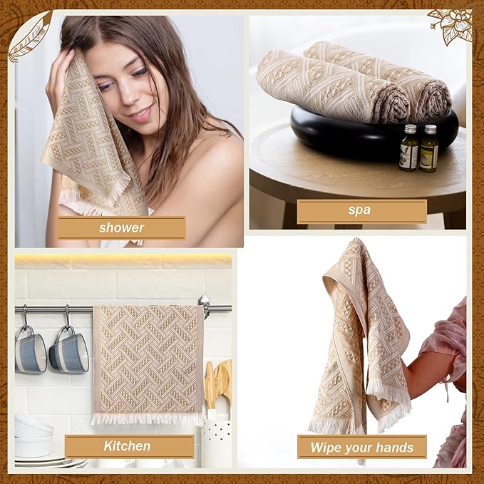 4 Pack Boho Bathroom Hand Towel 14 x 30 Inch 100% Turkish Cotton Decorative Boho Kitchen Hand Towel Farmhouse Bathroom Decor Set Absorbent Soft Guest Tea Gift(Brown,White)