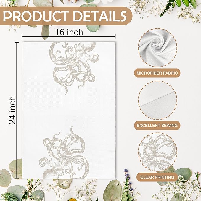 Coastal Beige Octopus Beach Decor Dish Hand Tea Towels for Bathroom Kitchen, Girly Octopus Ocean Nautical Beachy Bathroom Decor, Coastal Kitchen Towels and Dishcloths Sets of 2, 16x24 Inch