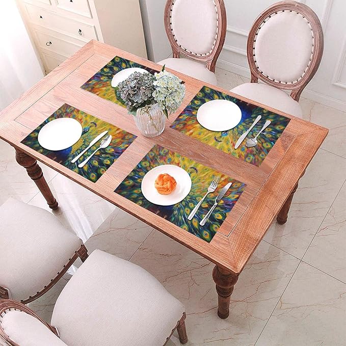 Beautiful Peacock Placemats Set of 4 Linen Washable Heat-Resistant Cute Kitchen Table Mats for Dining Outdoor Farmhouse Holiday Home Decor 12x18 Inch