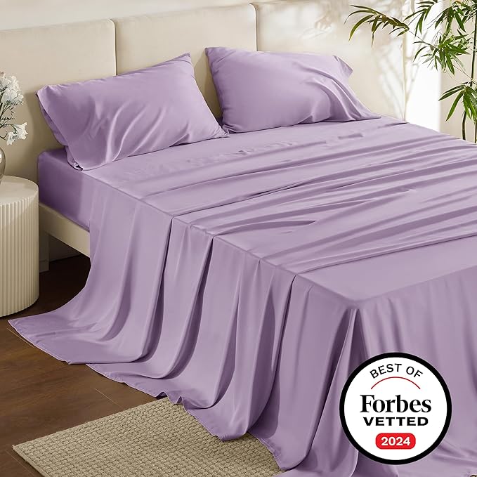 Bedsure Full Size Bed Sheets, Cooling Sheets, Rayon Derived from Bamboo, Breathable & Soft, Deep Pocket Up to 16 Inches, Hotel Luxury Silky Bedding for Hot Sleepers, Lilac