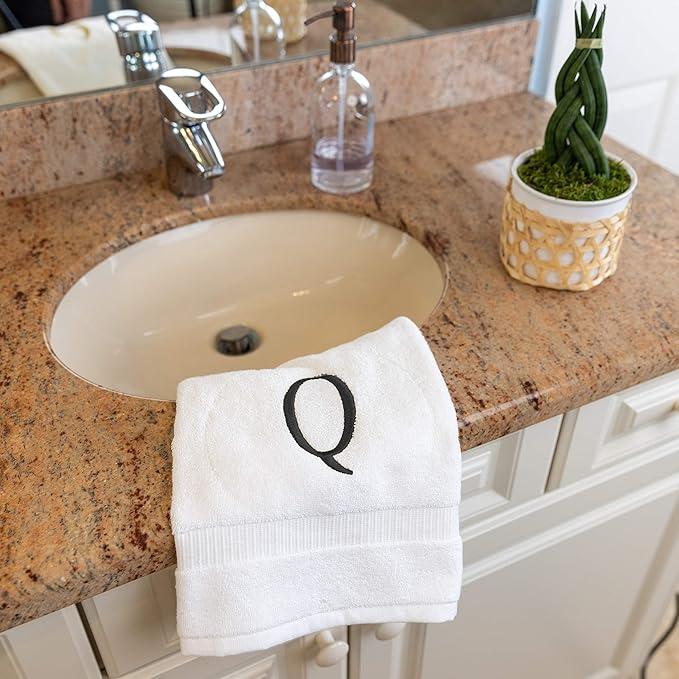 White Powder Room Hand Towel - Monogram Initial Hotel Quality Decorative Embroidered Luxury Towel for Spa - GOTS Organic Certified - Set of 2 Dark Gray Letter Q