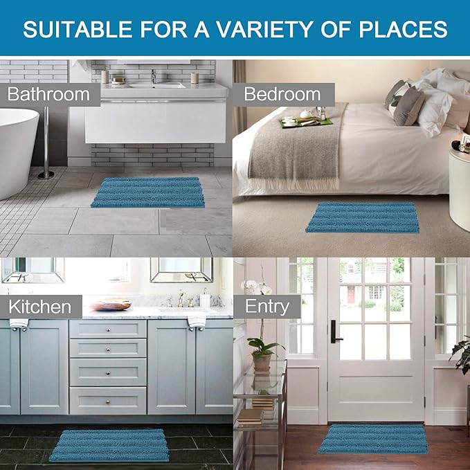 H.VERSAILTEX Bath Mats for Bathroom Non Slip Extra Thick Chenille Striped Bath Rug 24" x 36" Absorbent Non Skid Fluffy Soft Shaggy Rugs Washable Plush Mats for Indoor, Bath Room, Tub - Turquoise Blue