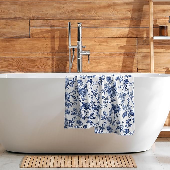 Blue Flowers Hand Towels 14.4 x 28.3 Inch Set of 2 Blue White Decorative Vintage Floral Bathroom Towels Soft Absorbent Microfiber Tea Towel Dish Towel for Sport,Yoga,Gym,Spa