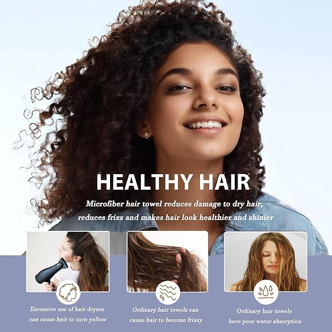 Microfiber Hair Towel Wrap, 3Pack Thickened Drying Hair Wraps Towels with Button. Super Absorbent Drying Hair Towel Wrap for Curly Hair, Anti Frizz Towel for Women. (Blue+Off White+Pink)