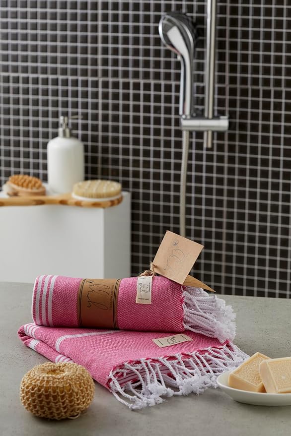 Turkish Hand Towels for Bathroom - Set of 2, 18" x 30" inches, Decorative Cotton Hand Towels for Kitchen, Bath, Guest, Face, Hair, Gym, Yoga, Dishcloth, Travel (Fushia)