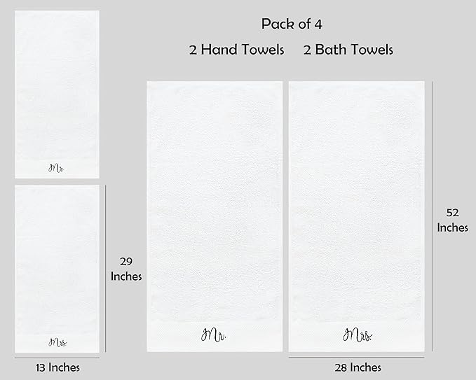 RUBBER BOND Mr and Mrs Towels Set with Gift Box - 4 Pack Bath and Hand Towels - Cotton Towels Set - Wedding, Honeymoon Gifts for The Couples - White Bathroom Towel Set with Black Embroidery