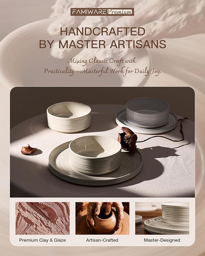 Plates and Bowls Sets for 6, Famiware Premium 18-Piece Stoneware Dinnerware Set, Spiral Dish Set with Straight Rim, Speckles & Reactive Glaze - Microwave & Dishwasher Safe Tableware, White