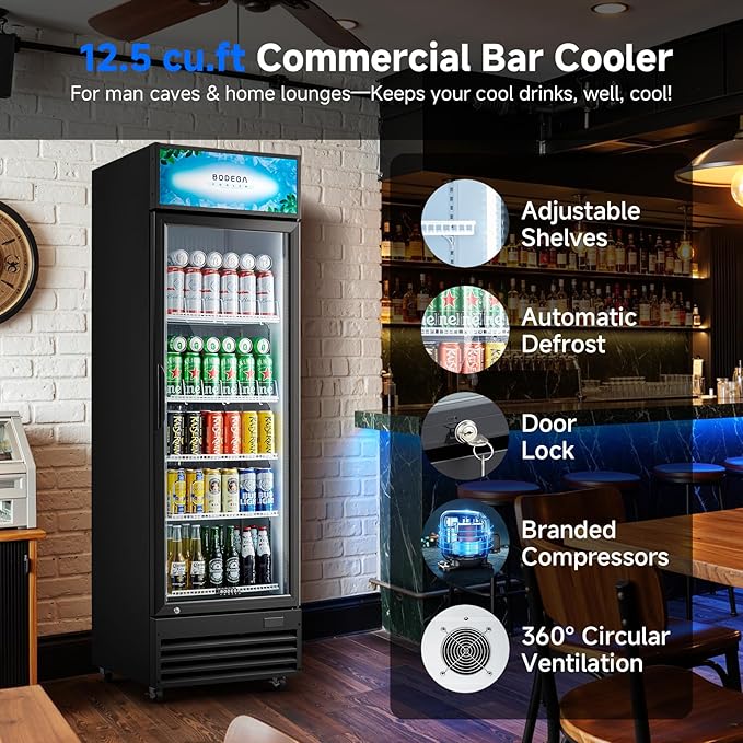 BODEGACOOLER Commercial Beverage Refrigerator, 12.5 Cu. Ft Black Commercial Merchandiser Refrigerator, LED Light/Adjustable Shelves,Upright Large Display Refrigerator For kitchen/Office/Home/Garage.