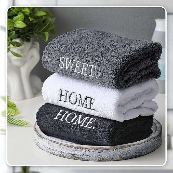 3 Pcs Farmhouse Decorative Hand Towels for Bathroom and Kitchen Rustic Embroidered 100% Cotton Hand Towels Decorative Set for Boho Bathroom Decor (Black,Home Sweet Home)