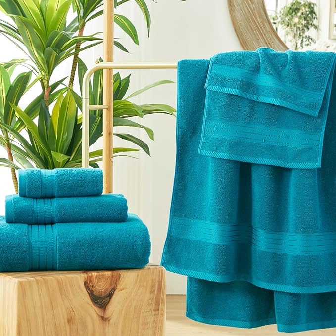 COZYART Luxury Teal Bath Towels Set, Cotton Hotel Large Towels for Bathroom, Thick Bathroom Set of 3 with 1 Bath Towel, 1 Hand Towel, 1 Washcloth, 650 GSM