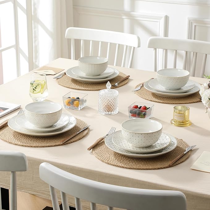 MALACASA 24 Piece Dinnerware Set, Embossed Ceramic Dish Sets Service for 8, Plates and Bowls Set, Durable Stoneware Tableware for Family Dinners, Dishwasher & Microwave Safe