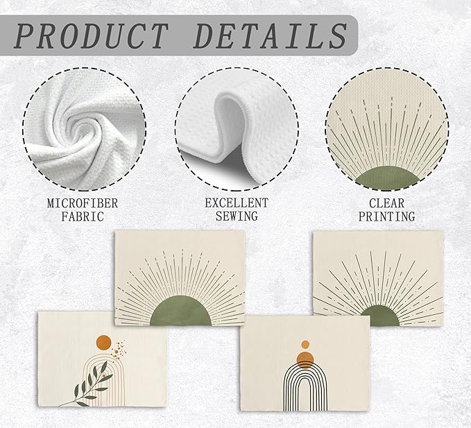 Boho Abstract Sage Green Sunshine Kitchen Towels and Dishcloths Set of 4, Boho Mid Century Modern Abstract Minimalist Sunshine Drying Cloth Hand Dish Tea Towels for Bathroom Kitchen, 16x24 Inches