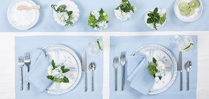 Solino Home Sky Blue Table Runner 90 Inches Long - 100% Pure Linen Hemstitch 14 x 90 Inch Table Runner for Dining, Holiday, New Year - Classic Hemstitch