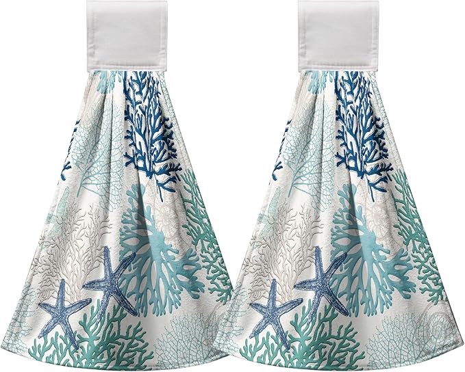 Summer Blue Coral Hanging Hand Towels Set of 2 Beach Ocean Kitchen Dish Towel Coastal Bathroom Towels Seashell Decorative Coral Tie Towels for Bathroom Kitchen Accessories 12x17 Inch