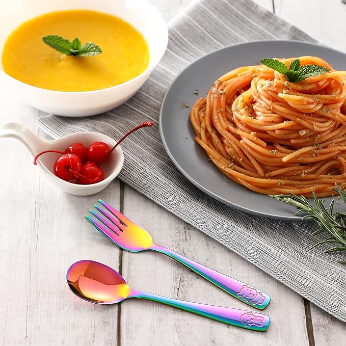 VITEVER 10 Pack Toddler Utensils, Stainless Steel Rainbow Silverware Set for Kids, Children Safe Cutlery Set Includes Forks and Spoons - Dishwasher Safe