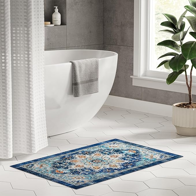 Easy-Going Boho Area Rug 2x3 Washable Entryway Rugs Front Door Mat Indoor Entrance Non-Slip Tangerine Vintage Small Entry Rug Lightweight for Living Room Bedroom Kitchen Bathroom, Floral Aqua Yellow