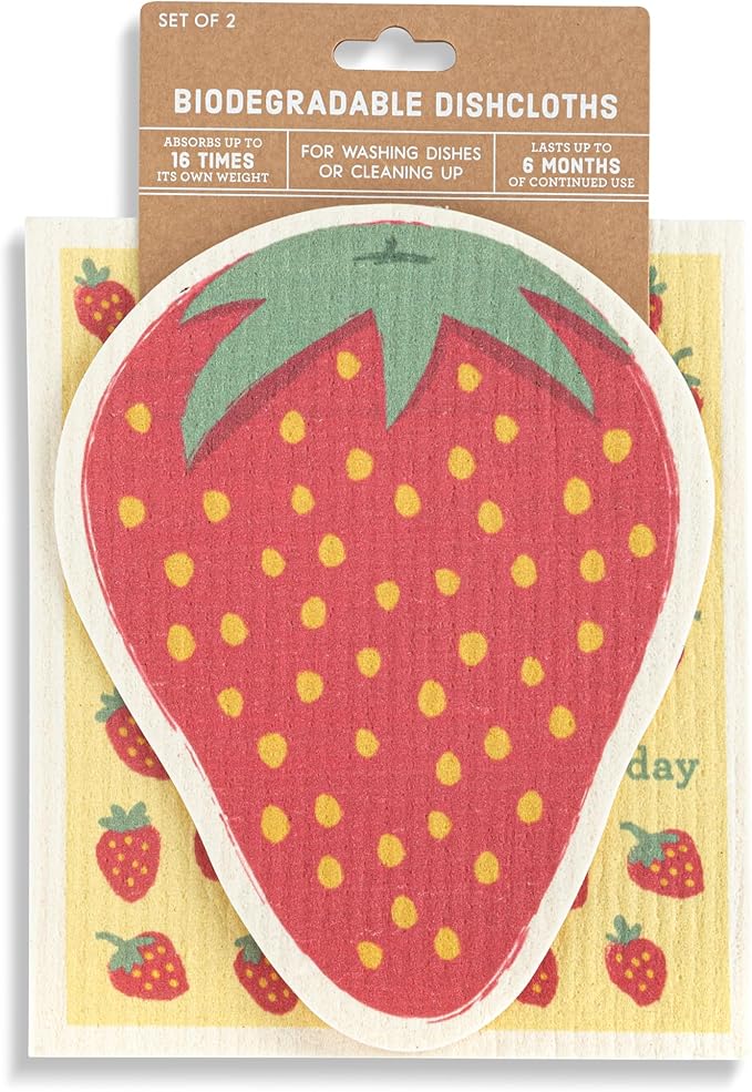 DEMDACO Reusable Biodegradable Kitchen Cleaning Dish Cloth from Design Serving Collection 6 x 7 Inch Cotton Blend Berry Good Day Strawberry Assorted Set of 2