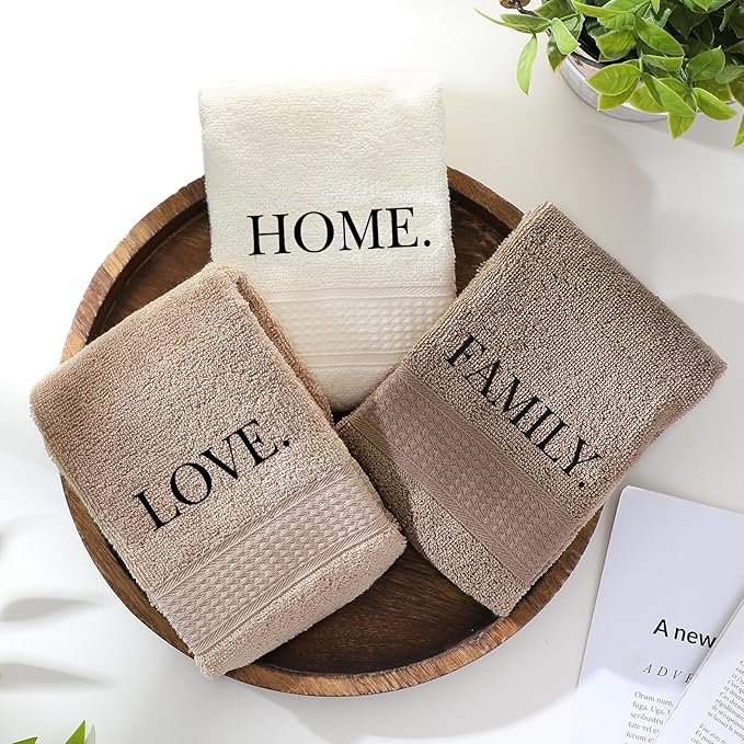 3 Pcs Farmhouse Decorative Hand Towels for Bathroom and Kitchen Rustic Embroidered 100% Cotton Hand Towels Decorative Set for Boho Bathroom Decor (Brown,Home,Love,Family)