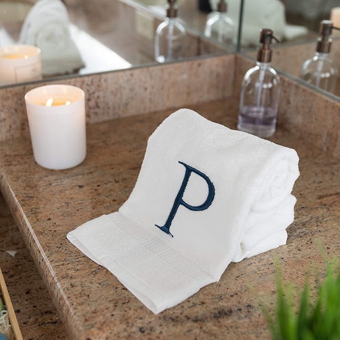 Monogrammed Hand Towels for Bathroom - Luxury Hotel Quality Personalized Initial Decorative Embroidered Bath Towel for Powder Room, Spa - GOTS Organic Certified - Set of 2 Navy Letter P