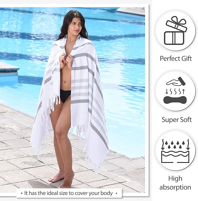 Turkish Beach Towel - Cotton Bathroom Towels Highly-Absorbent Quick Dry Bath Towels 37 x 70 inch Beach Towels Sand-Free Turkish Bath Towel Multipurpose Yoga Towel Beach Blanket (White)