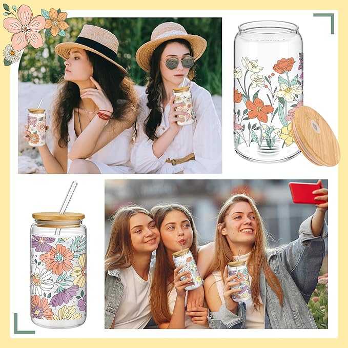 Mumufy 4 Pcs Gift for Women Bohemian Flower Cute Glass Cup Tumbler Boho Floral Iced Coffee Mugs 16 oz Glass with Bamboo Lid & Straw, Mothers Day Birthday Gift for Mom Sister Bridesmaid Baby Shower