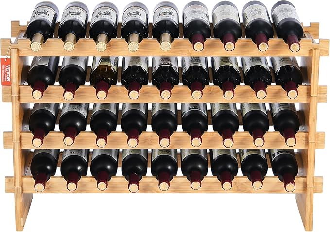 VEVOR 36 Bottle Stackable Modular Wine Rack, 4-Tier Solid Bamboo Wood Storage Racks, Floor Freestanding Wines Holder Display Shelf, Wobble-Free Shelves for Kitchen, Bar, and Cellar (Natural Color)