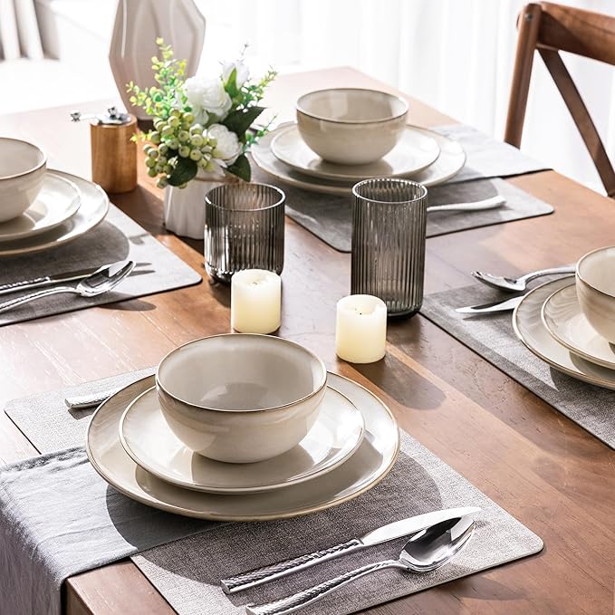 GBHOME Ceramic Dinnerware Sets for 4, 12 Pieces Stoneware Plates and Bowls Sets, Reactive Glaze Dishes -Scratch Resistant, Dishwasher&Microwave Safe-Cappuccino