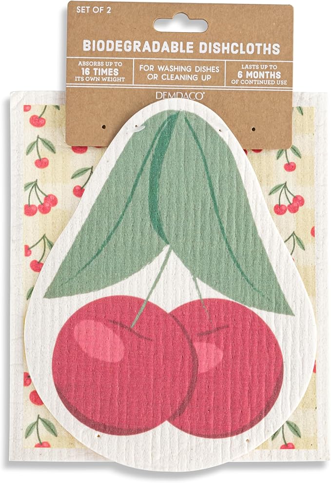 DEMDACO Reusable Biodegradable Kitchen Cleaning Dish Cloth from Design Serving Collection 6 x 7 Inch Cotton Blend Cherry Assorted Set of 2