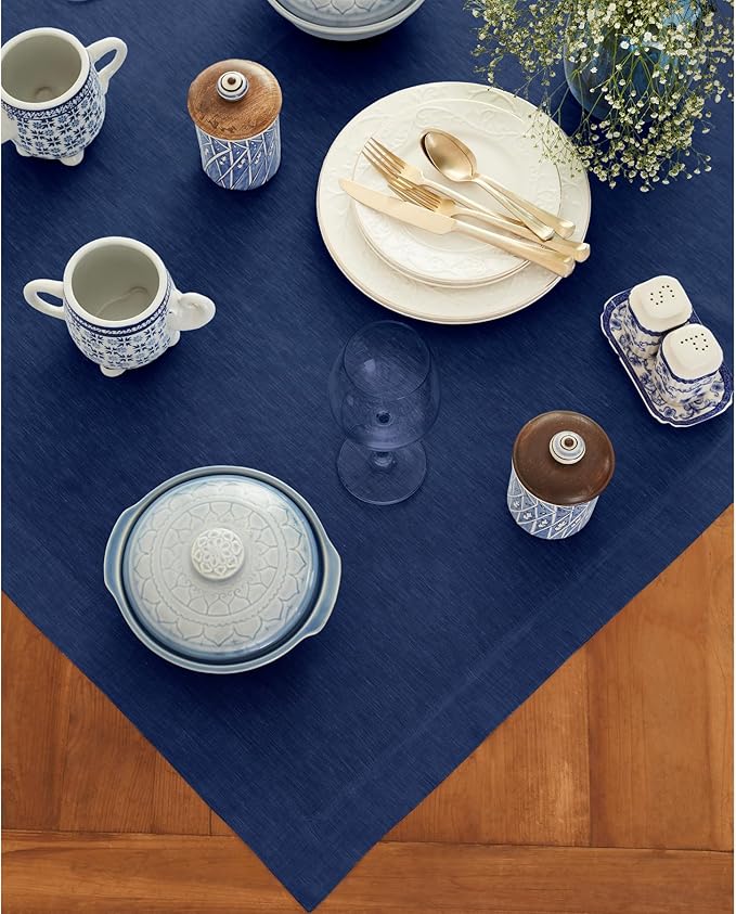 Solino Home Royal Blue Linen Tablecloth 52 x 52 Inch - 100% Pure Linen Square Table Throw - Athena, Machine Washable Tablecloth for Christmas, New Year