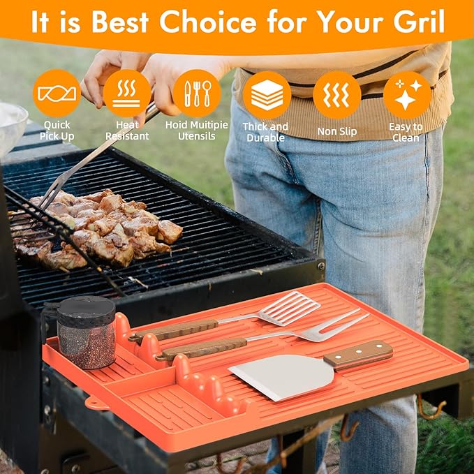 Silicone Griddle Tool Mat Compatible with Blackstone Weber - Flat Top Grill Pellet Smoker Side Shelf Spatula Mat with Drip Pad - Thanksgiving Christmas Gifts for Men BBQ Grilling Accessories (Orange)