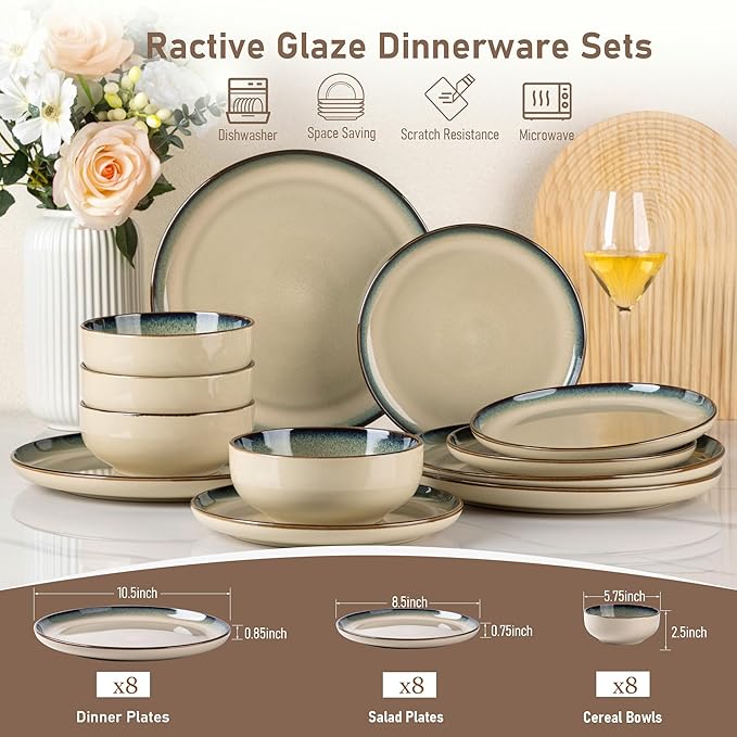GBHOME Ceramic Dinnerware Sets for 8, 24 Pieces Stoneware Plates and Bowls Sets, Reactive Glaze Dishes -Scratch Resistant, Dishwasher&Microwave Safe, Pale Khaki
