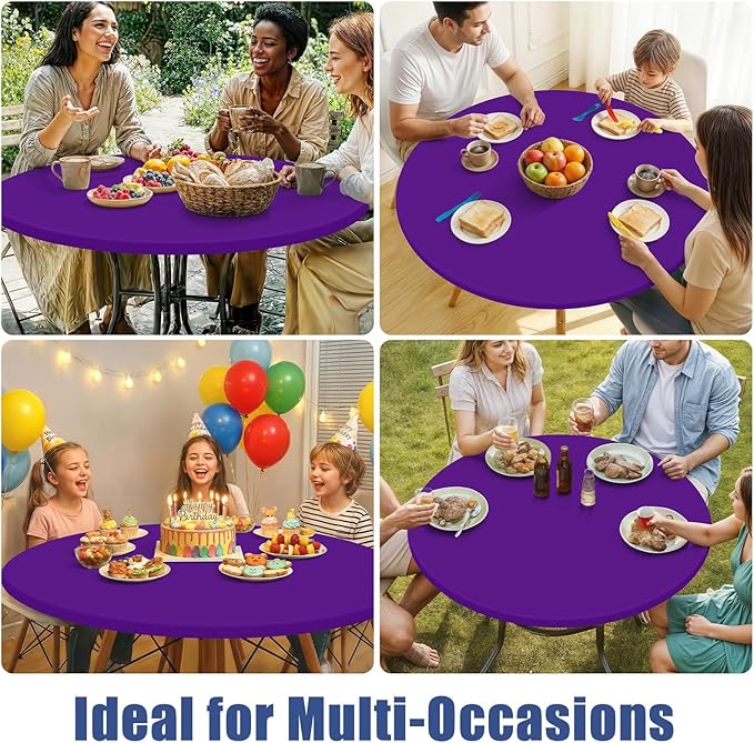 Round Spandex Tablecloth, Elastic Fitted Waterproof Tablecloths for 36"-44" Tables, Stretch Washable Picnic Table Cover for Camping, Dining, Indoor and Outdoor, Purple