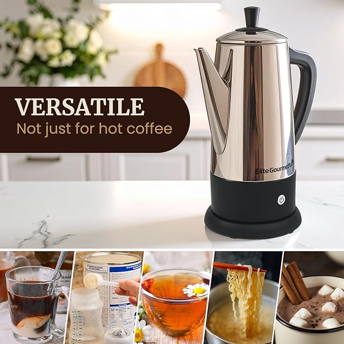 Elite Gourmet 12-Cup Electric Coffee Percolator, Dishwasher Safe Stainless-Steel Filter, Lid & Tube, Keep Warm, 360° Swivel Base Cord-less Serving, Stainless-Steel