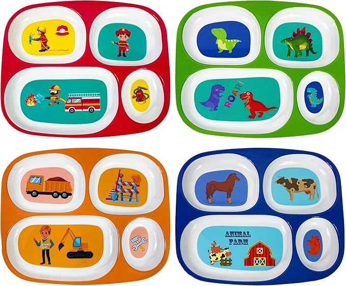4E's Novelty Set of 4 Melamine Dinner Plates for Kids Boys - Divided Plates for Picky Eater, BPA Free, Toddler Eating Essentials, Boy Dinnerware Set