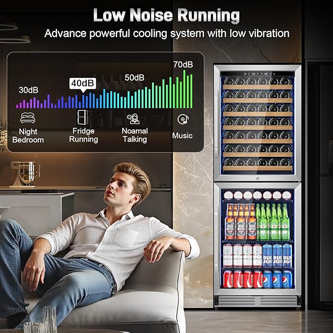 24 Inch Wide Wine and Beverage Refrigerator, 2 IN 1 Dual Zone Wine Cooler, Built-In/Freestanding Beverage Wine Fridge with Safety Lock, Low Noise and Fast Cooling Silver