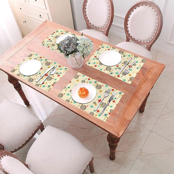 Mid Century Modern Atomic Retro Placemats Set of 4, Yellow Table Mats Heat Resistant Washable Placemat for Kitchen Dining Table Holiday Home Decor Linen Place Mats 12x18 Inch