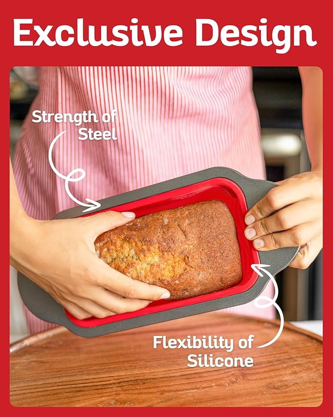Boxiki Kitchen Premium Non-Stick Silicone Bread Loaf Pan, 9x5 Inches – Heavy-Duty Steel Frame, Non-Toxic, BPA & PFOA Free – Perfect for Pound Cakes, Breads, & More.
