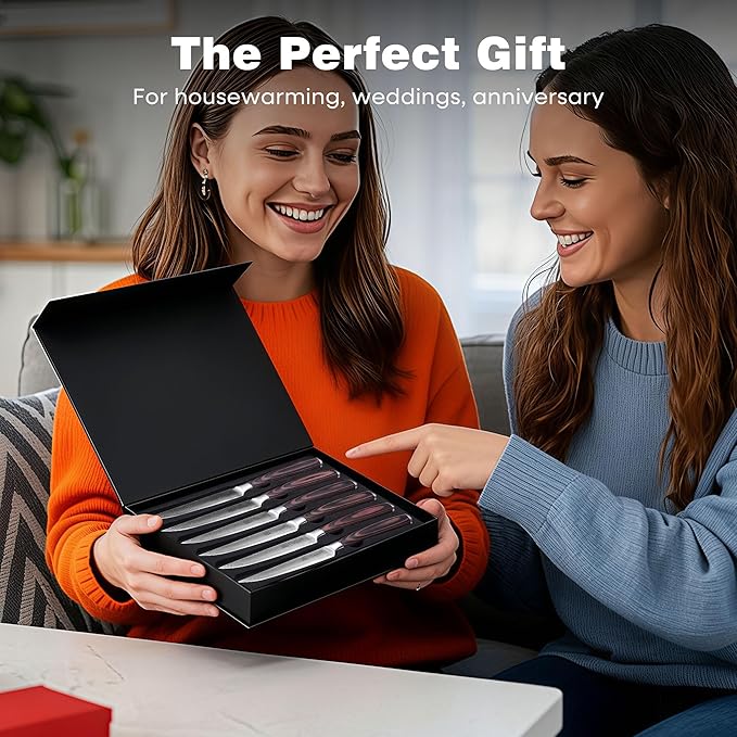 PAUDIN Steak Knives Set of 6, Kitchen Steak Knife 4.5 Inch, High Carbon Stainless Steel Steak Knives, Serrated Steak Knife with Pakkawood Handle, Dinner Knives with Gift Box