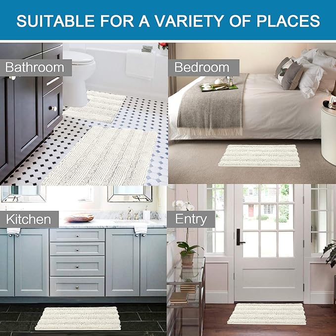 H.VERSAILTEX Bathroom Rugs Bath Rug Set 2 Piece Bathroom Contour Rug Toilet Mat Sets Non Slip Contour Bath Rug Ultra Thick Water Absorbent Striped Bath Mats Washable(20" x 32" Plus 20" x 20" U, Cream)