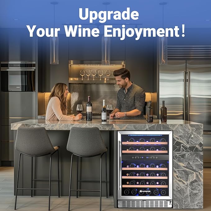 AAOBOSI 24 Inch Wine Fridge, 46 Bottles Wine Cooler with Dual Zone, Freestanding and Built-in Wine Refrigerator with Adjustable Shelves and Safety Lock, Double-Layer Glass Door, LED Light