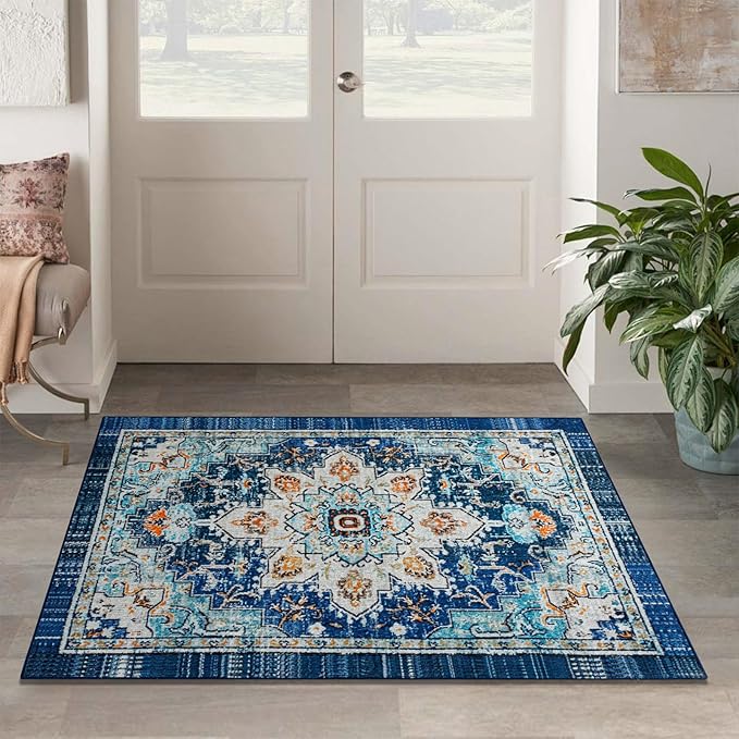 Easy-Going Area Rug 4x6 Washable Boho Rugs for Living Room Non-Slip Bedroom Rug Low Pile Lightweight Tangerine Vintage Throw Rug for Dining Room Kitchen Home Office Carpet, Floral Aqua Yellow