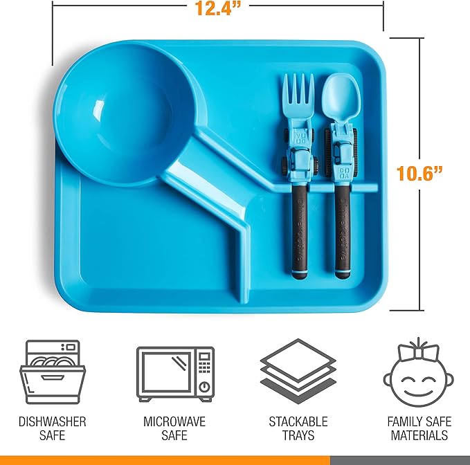 Dinneractive 3-Piece Construction Themed Toddler Utensils & Plates - Toddler Forks, Spoons & Divided Plates - Blue, Vehicle Pattern