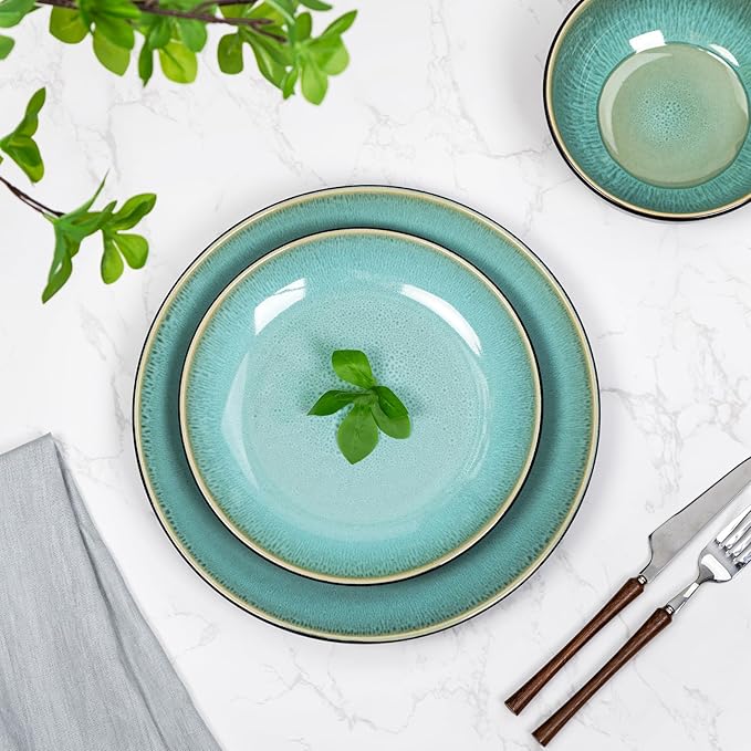 Plates and Bowls Sets for 4 - CJDC-QUELO 12-Piece Stoneware Dinnerware Sets, Ceramic Dishware Set for Kitchen Use and Formal Dining, Chip and Scratch Resistant Microwave Dishwasher Safe, Green