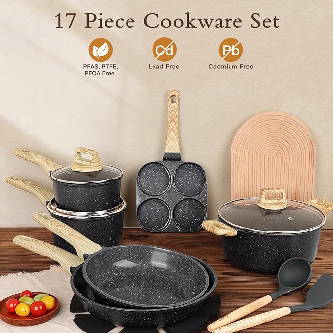 GiPP Ceramic Pots and Pans Set Non Stick - 17 Pcs Nonstick Cookware Set, Non-toxic Healthy Kitchen Cooking Set w/Frying Pans Set, Dishwasher Safe, PFAS PTFE PFOA PFOS Free